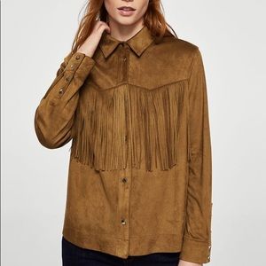 Mango brown solid fringed faux suede casual shirt women's XS brown